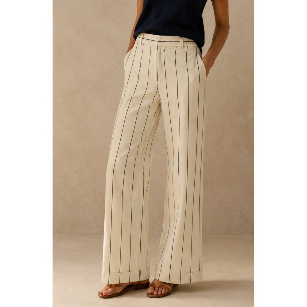 Lauren Ralph Lauren Linen Blend Pants 4 Cream Stripe Wide Leg Minimalist Office